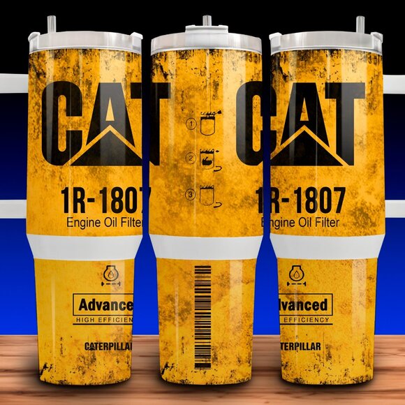 40oz CAT Caterpillar 1R-1807 Yellow Lube Oil Filter Distressed Cup Mug Tumbler - Picture 1 of 4